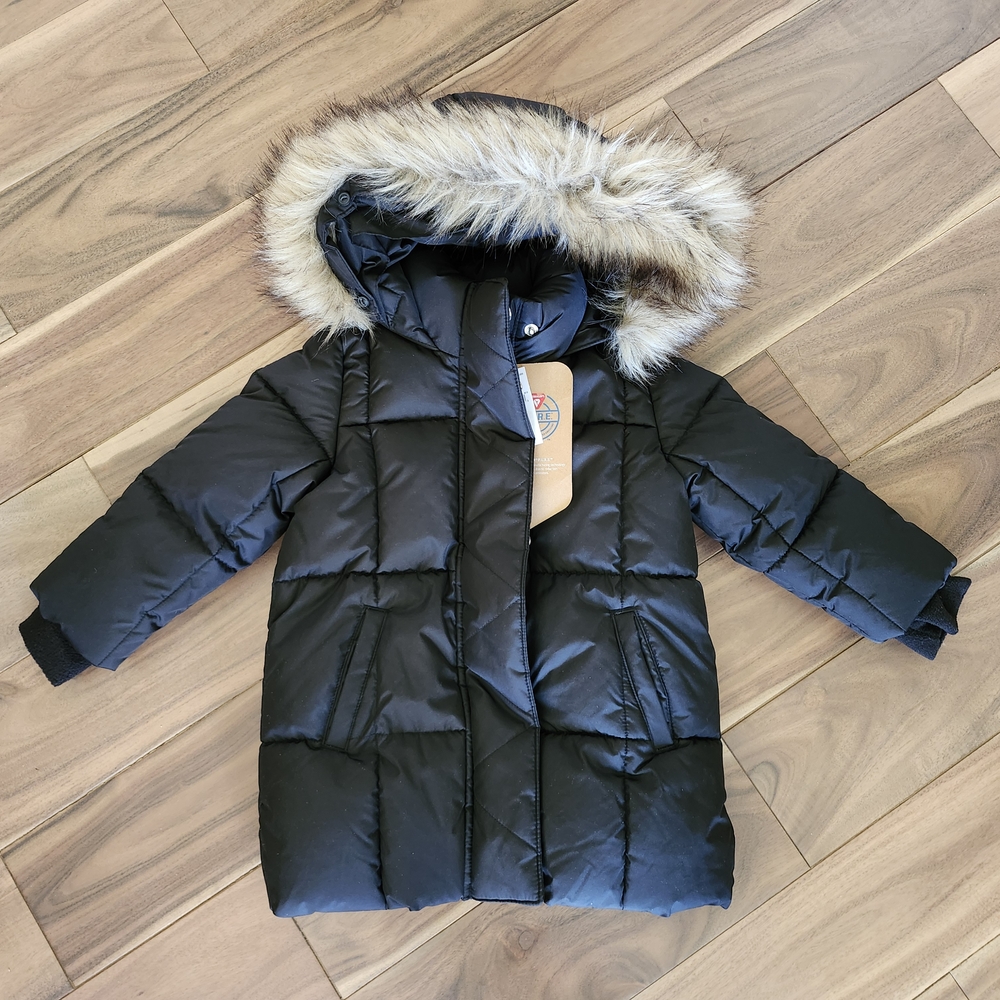 Black Puffer Coat with Faux Fur Hood